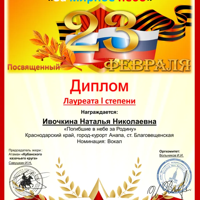 Результат участия во Всероссийском многожанровом, патриотическом конкурсе-фестивале "За мирное небо"
