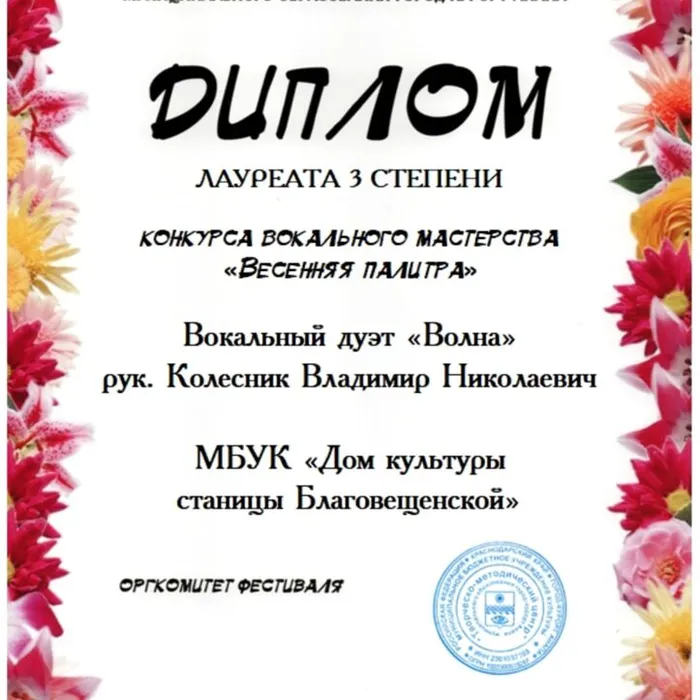 Результаты участия творческих коллективов и исполнителей дома культуры станицы Благовещенской в конкурсе вокального мастерства "Весенняя палитра"